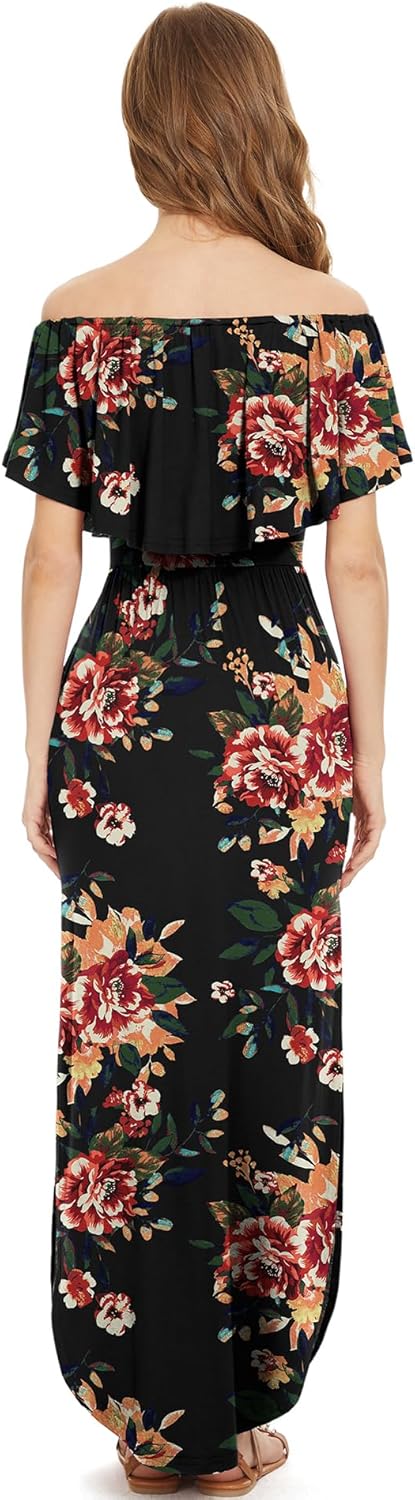 LILBETTER Womens Off The Shoulder Ruffle Party Dresses Side Split Beach Maxi Dress - Image 5