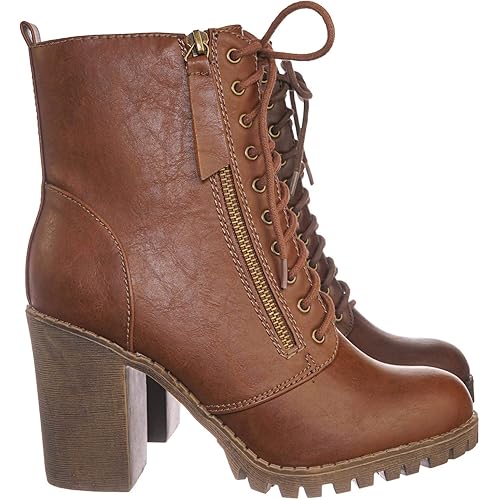Soda Women's Malia Faux Lace Up Chunky Lug Sole Combat Boot