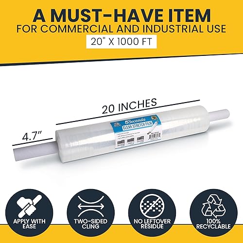 Miniatura 5 de Envoltura elástica para paletas de grado industrial, envoltura retráctil de 20 pulgadas x 1000 pies, envoltura de plástico para mudanza, rollo de