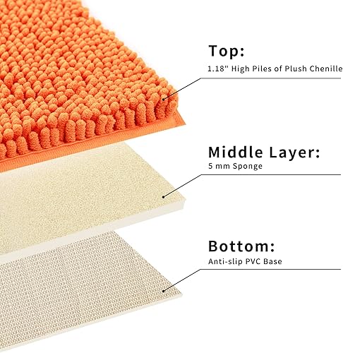 Miniatura 4 de Alfombra de baño de felpilla, extra suave y absorbente, alfombra de baño lanuda antideslizante, lavable a máquina, 20 x 32 pulgadas, color naranja