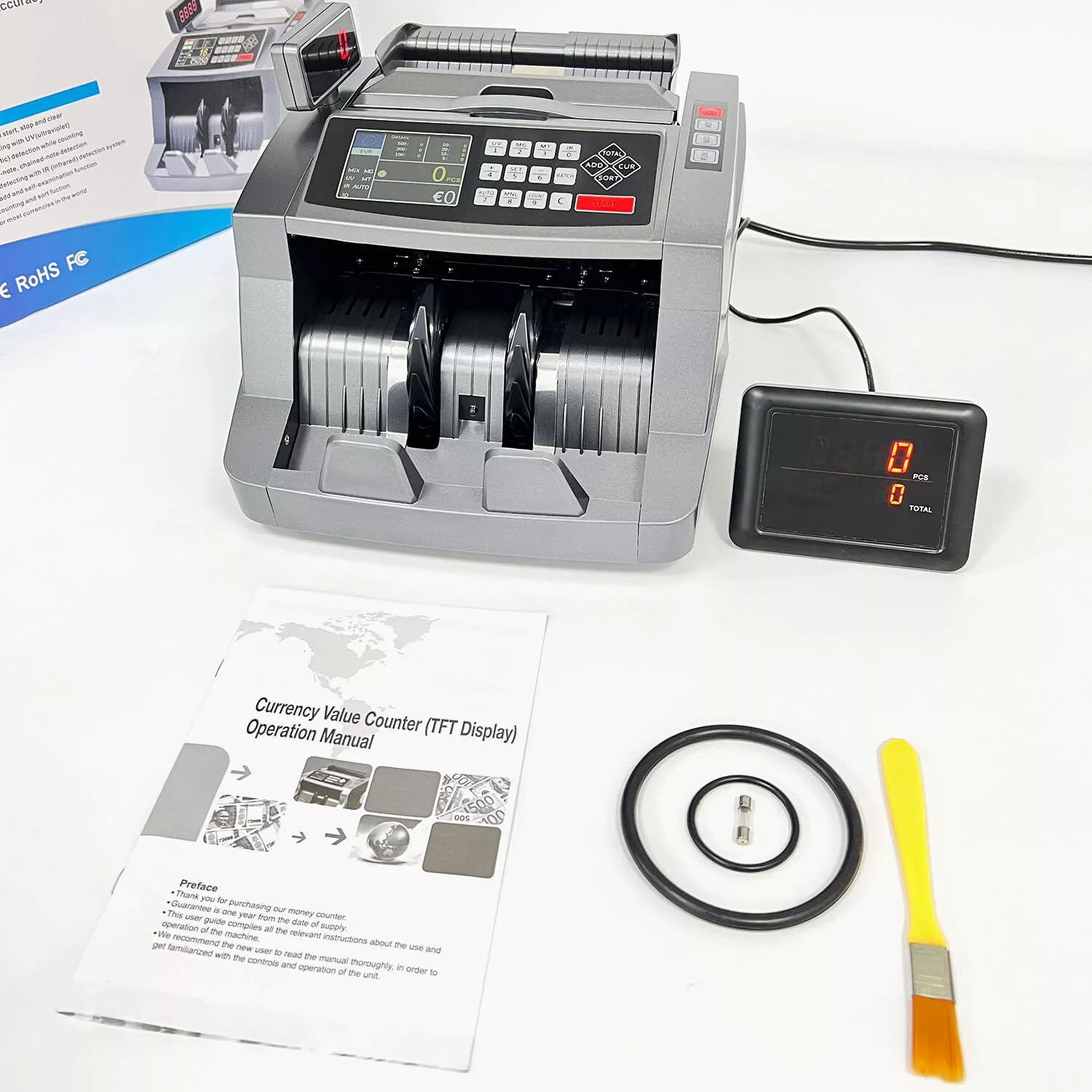 Contatore di banconote con display a LED, conteggio valori misti in euro con rilevamento delle banconote false UV/MG/IR, conta 1000 banconote al minuto