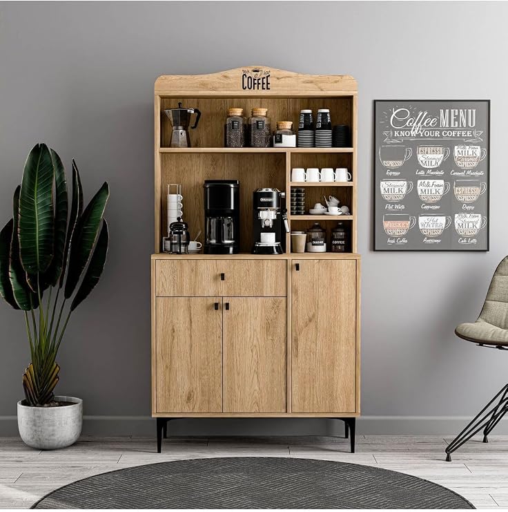 Mezza 5222 Siesta 90 Cm Coffee Corner Multi-Purpose Cabinet 3 Lids 1 Drawer Pantry Kitchen Cabinet Basket