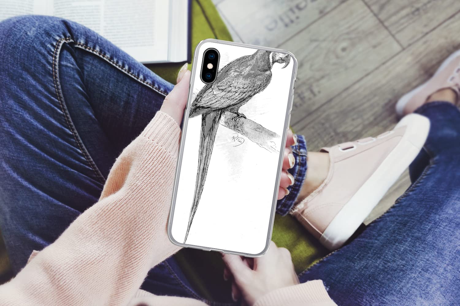 MuchoWow Funda para iPhone X - Una ilustración Antigua de un Loro - Blanco y Negro - Funda de Silicona/Funda Blanda para teléfono móvil