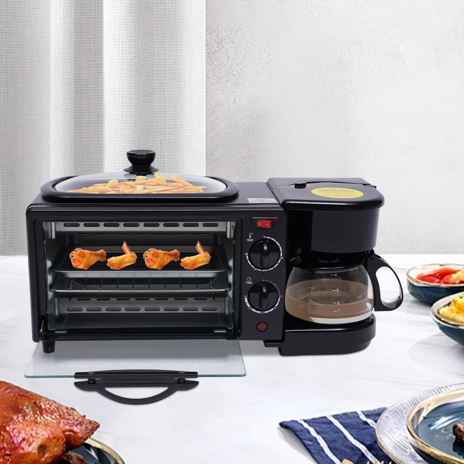 Macchina per la colazione multifunzione 3 in 1, 600 ml, filtro a tramoggia, tostapane, forno 9 l, griglia antiaderente, lavoro separato, timer 0-30 minuti
