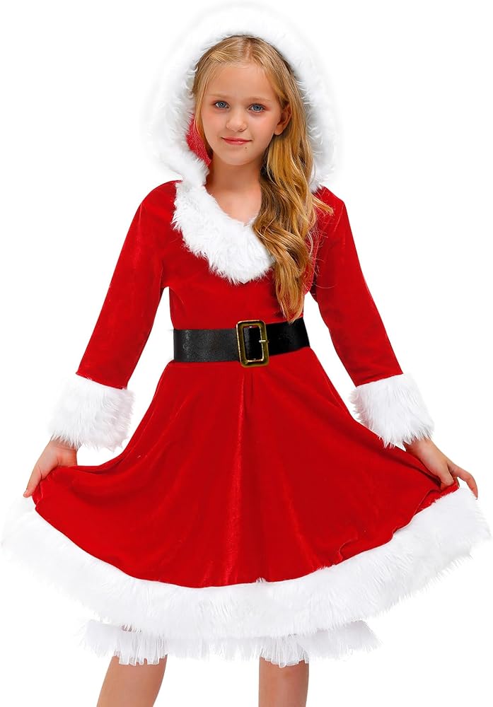Christmas Little Girls Xmas Mrs. Santa Claus Outfit Red Velvet Hoodie Swing Midi Dress with Belt 4 Years : Clothing, Shoes & Jewelry