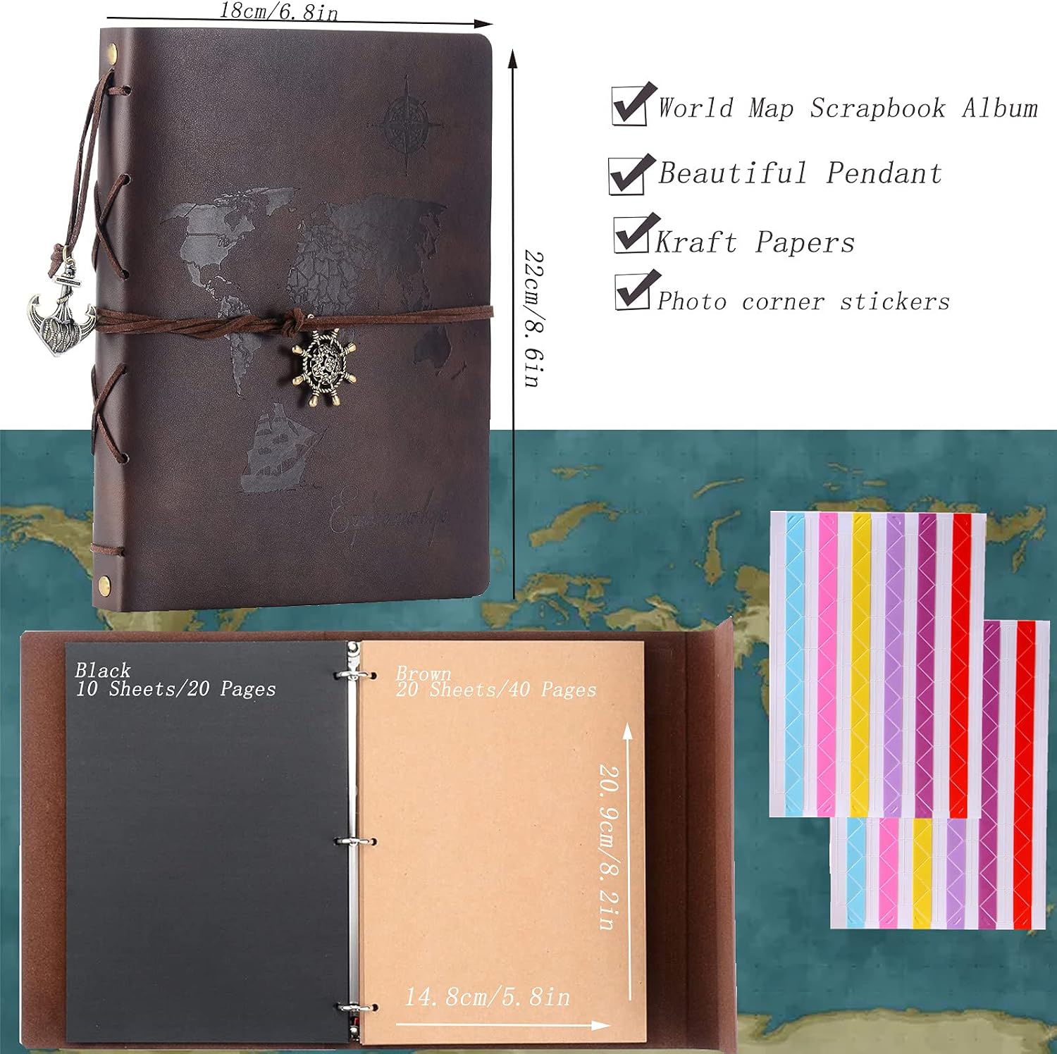 ZEEYUAN Scrapbook Photo Album,8.7"x7.1" Travel Leather Photo Album with 60 Pages World Map Vintage DIY Album Memory Book for Valentines Anniversary Birthday for Father Boyfriend - Image 3