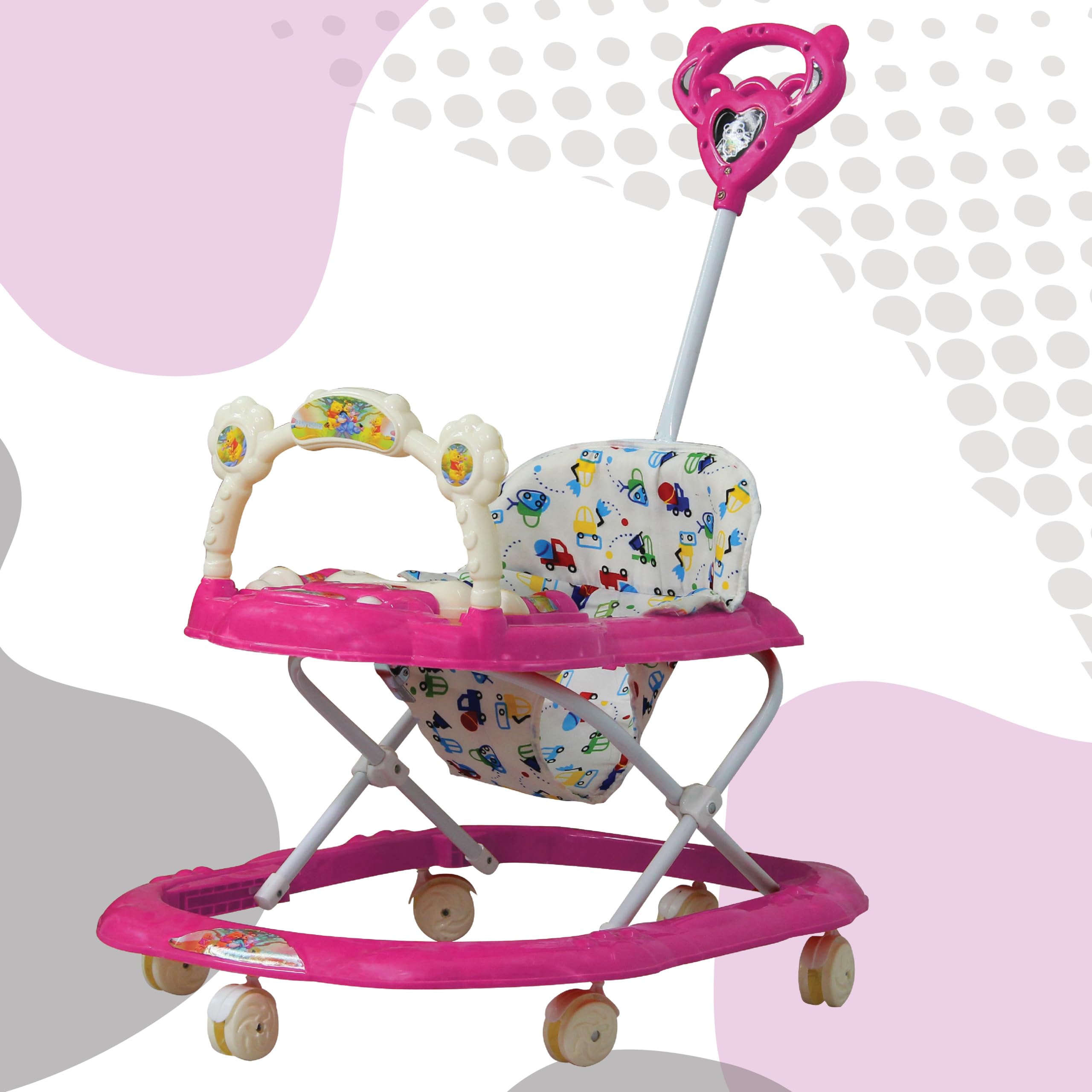 Evolife Baby Olive Walker - Foldable Design with Parent Handle Rod and Big Comfortable Seat Cushion for Babies 6-18 Months - Perfect Baby Toy and Walking Support for Boys and Girls (Pink)