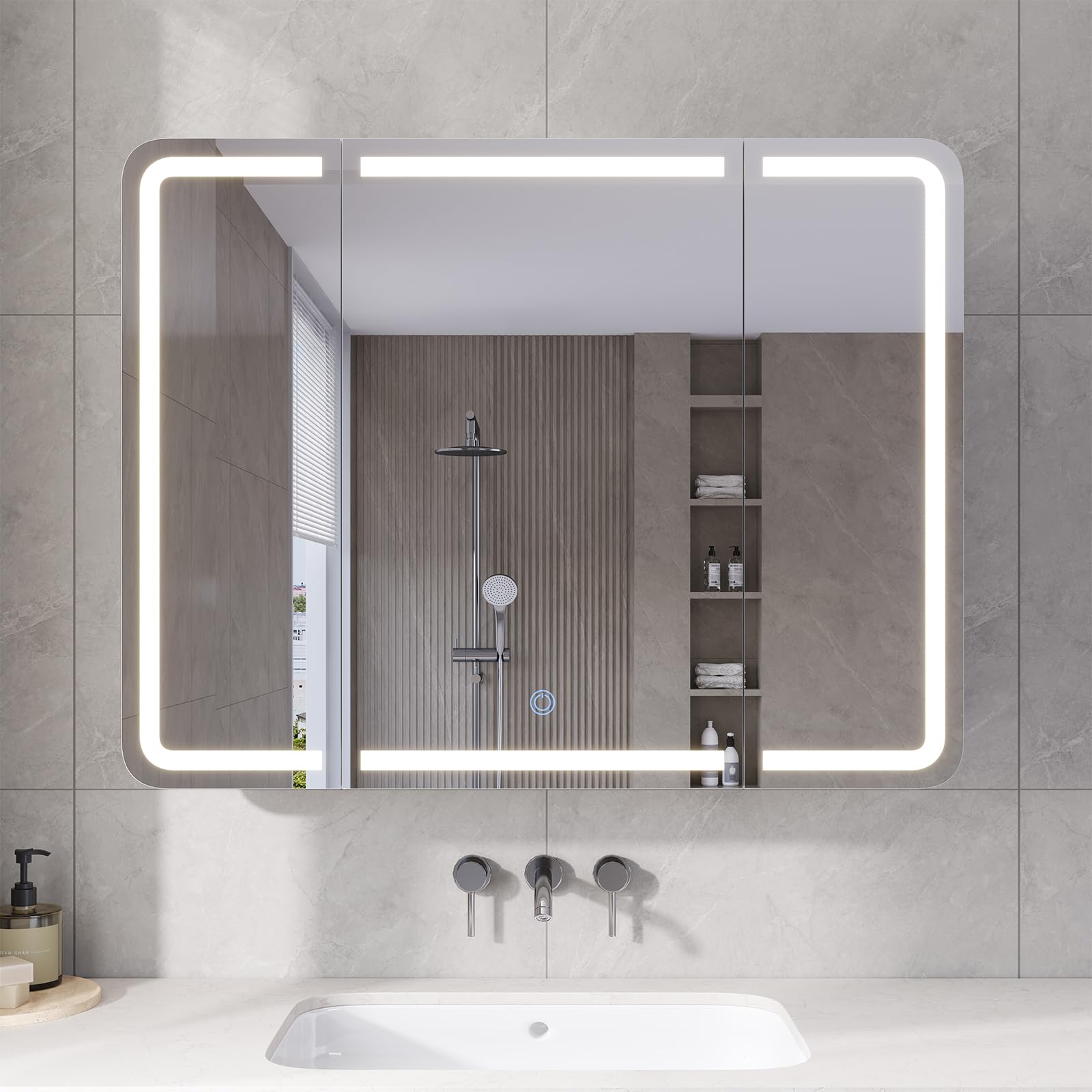 Mobile Bagno Specchio con Luce e Contenitore – Armadietto a Specchio 3 Ante, Larghezza 80 cm – Specchio Bagno LED 3 Colori Dimmerabile – Specchiera Bagno con Ricarica USB+Prese