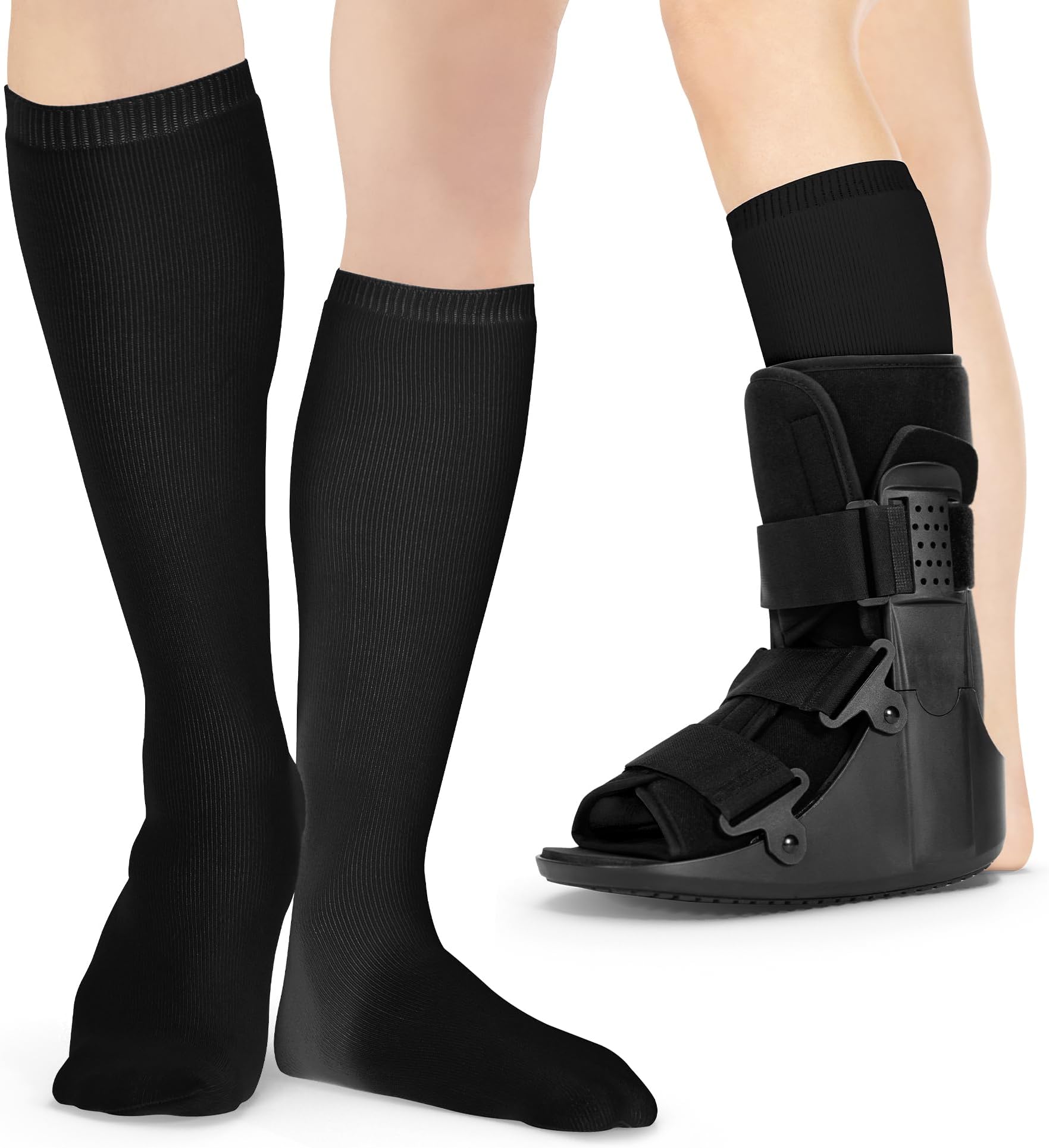 BraceAbility Walking Boot Sock Liners – (1 Pair) Replacement Medical Tube Socks for Under Orthopedic, Air CAM Walkers, Fracture Boots, and Surgical Foot Cast Shoes for Men or Women (Tall Black)