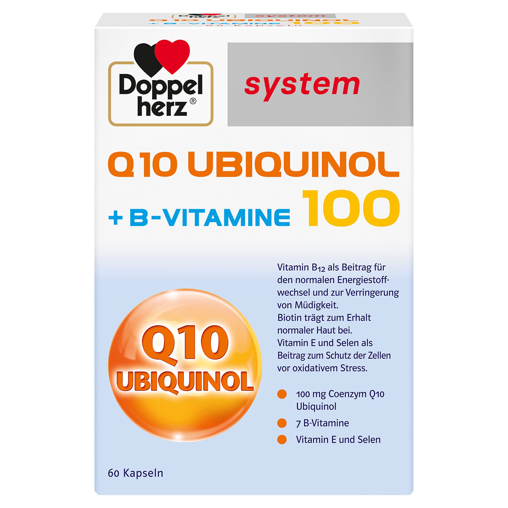 Doppelherz system Q10 UBIQUINOL 100 + B-VITAMINE - Mit Vitamin E und Selen | Vitamin B6 trägt zum normalen Eiweiß- und Glykogenstoffwechsel bei – 60 Kapseln