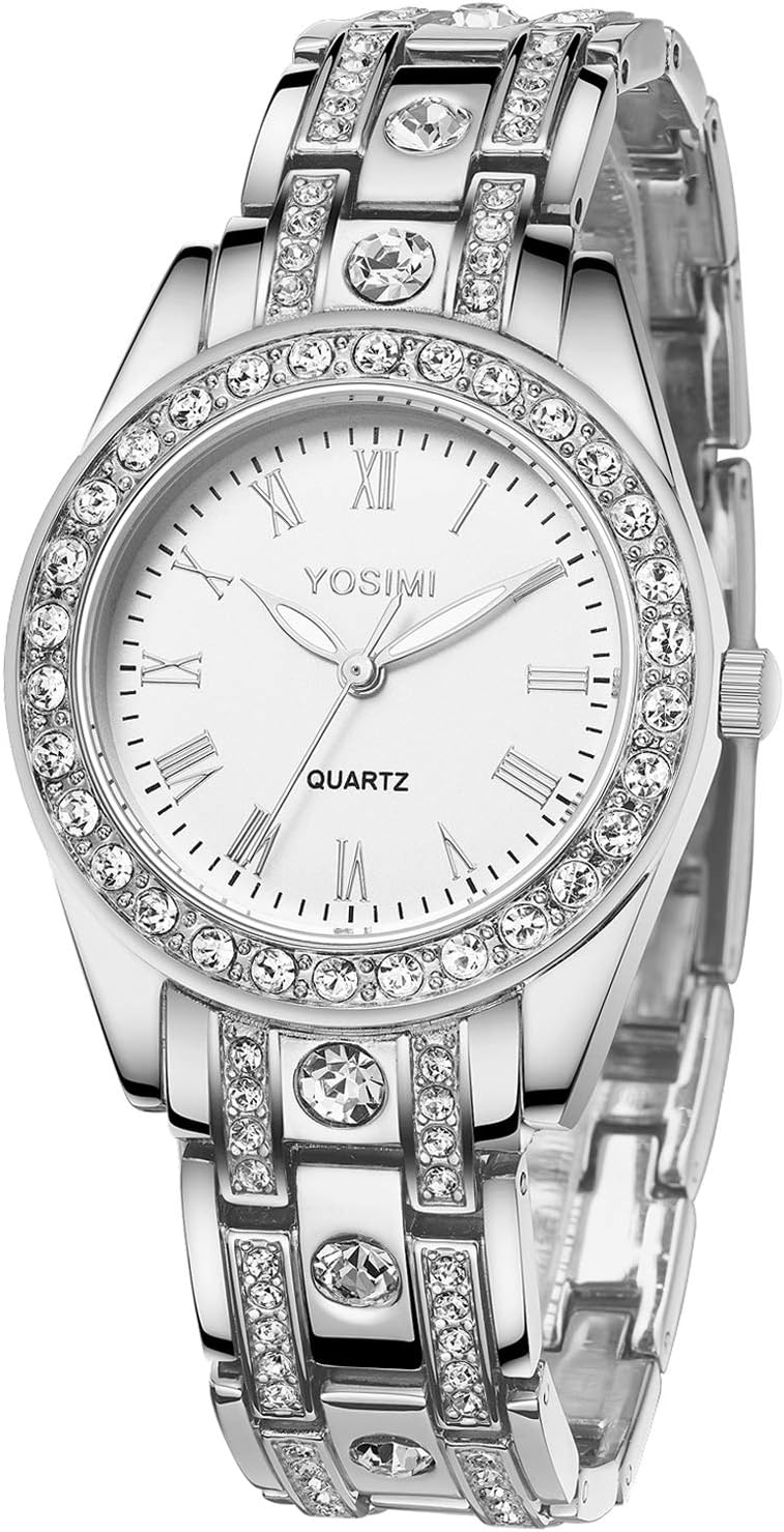 YOSIMI Womans Quartz Watch Waterproof Wristwatches for Women Diamond Bracelet Luminous Hands Easy Read Big Numbers