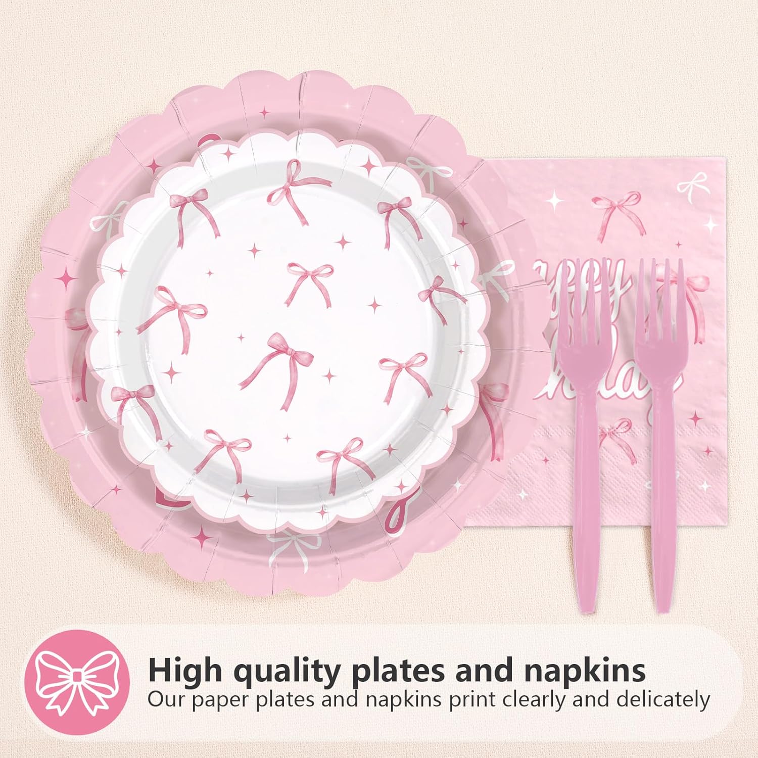 96Pcs Pink Bow Party Supplies Coquette 11th Birthday Party Plates and Napkins Disposable Bow Themed Tableware Set for Girl Happy 11th Birthday Baby Shower Decorations, Serves 24