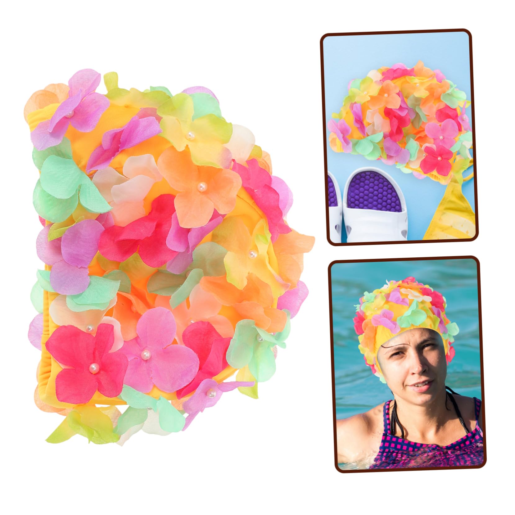 POPETPOP Bonnet de Bain Femme Élastique avec Fleurs Chapeau de Natation Protecteur pour Cheveux Longs Confortable Respirant