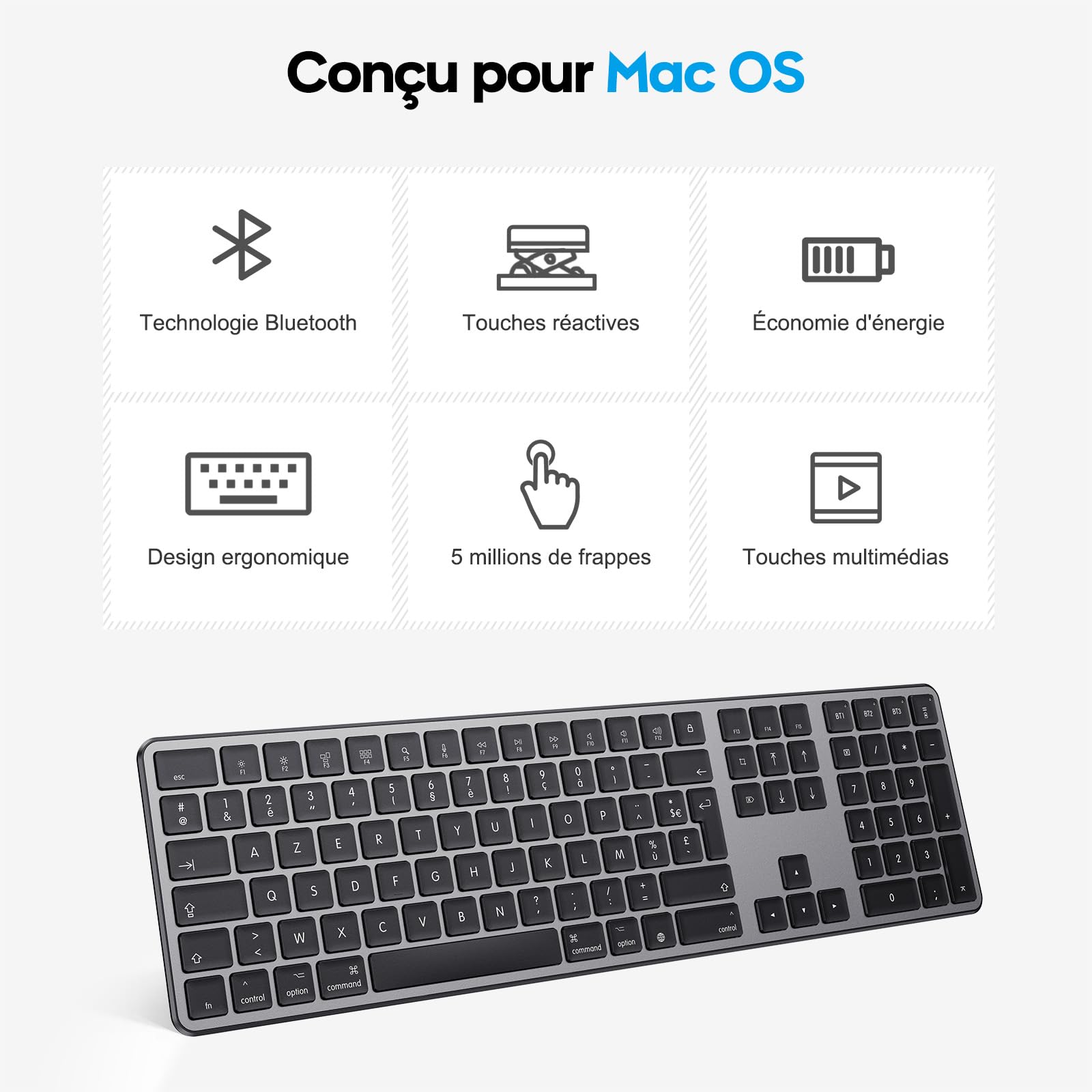 OMOTON Clavier Bluetooth pour Mac, Clavier sans Fil Rechargeable Multi-dispositifs avec 3 Canaux Bluetooth pour Apple Mac Pro/Mini, MacBook Pro/Air, iMac Pro, AZERTY Français, Gris Foncé