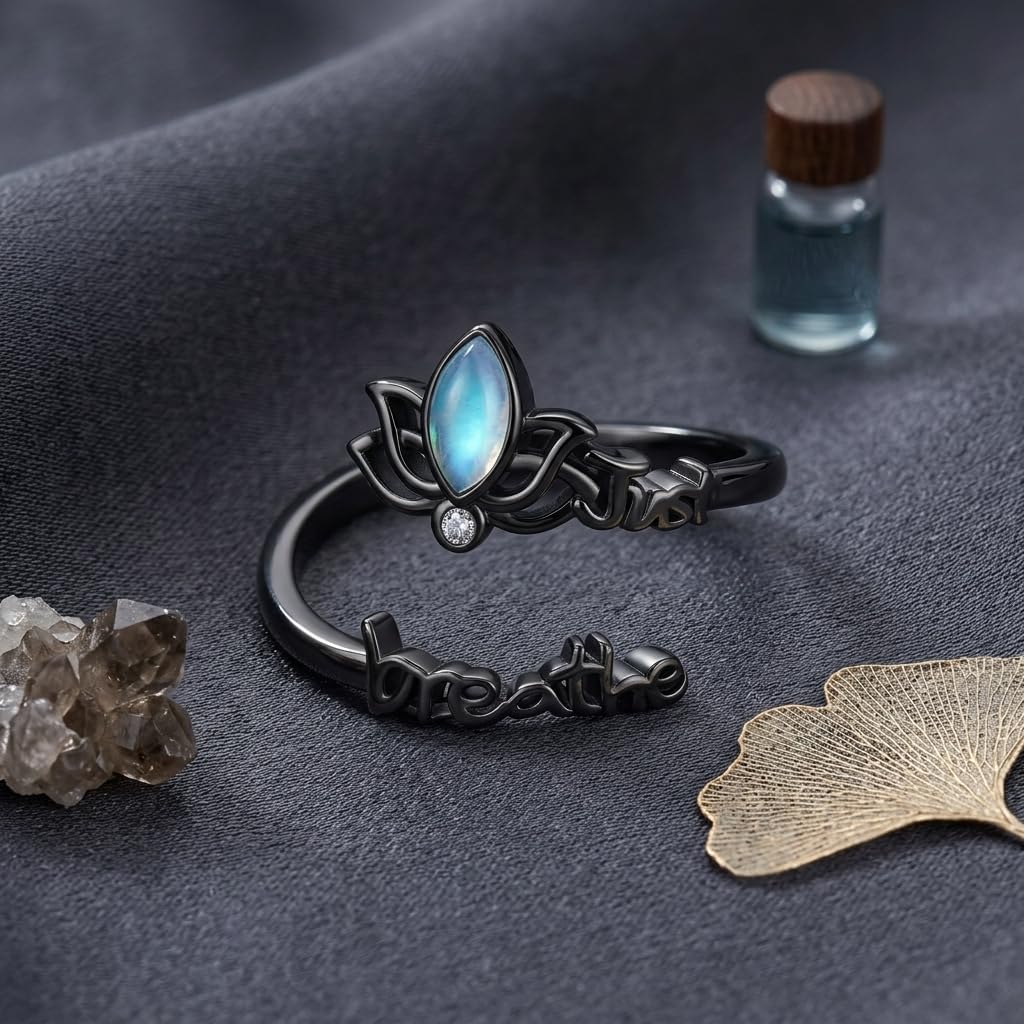 DAYLINLOVE Atme Einfach Ring 925er Sterling Silber Lotus Mondstein/Türkis/Semikolon Amethyst Opal Verstellbarer Daumen Ring Angst Psychische Gesundheit Bewusstsein Schmuckgeschenke für Damen Mama Oma