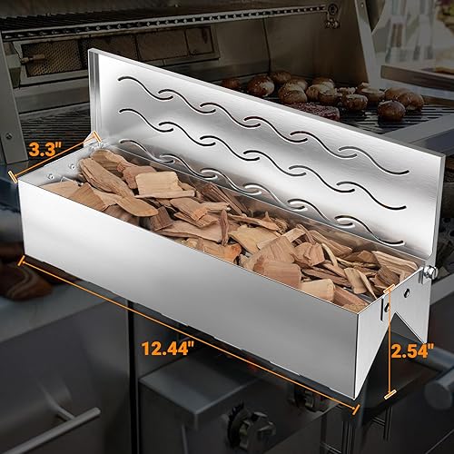 Miniatura 2 de Skyflame Caja de Ahumador de Virutas de Madera, Caja de Humo de Barbacoa Doble en Forma de V de Acero Inoxidable con Tapa con Bisagras para Parrilla