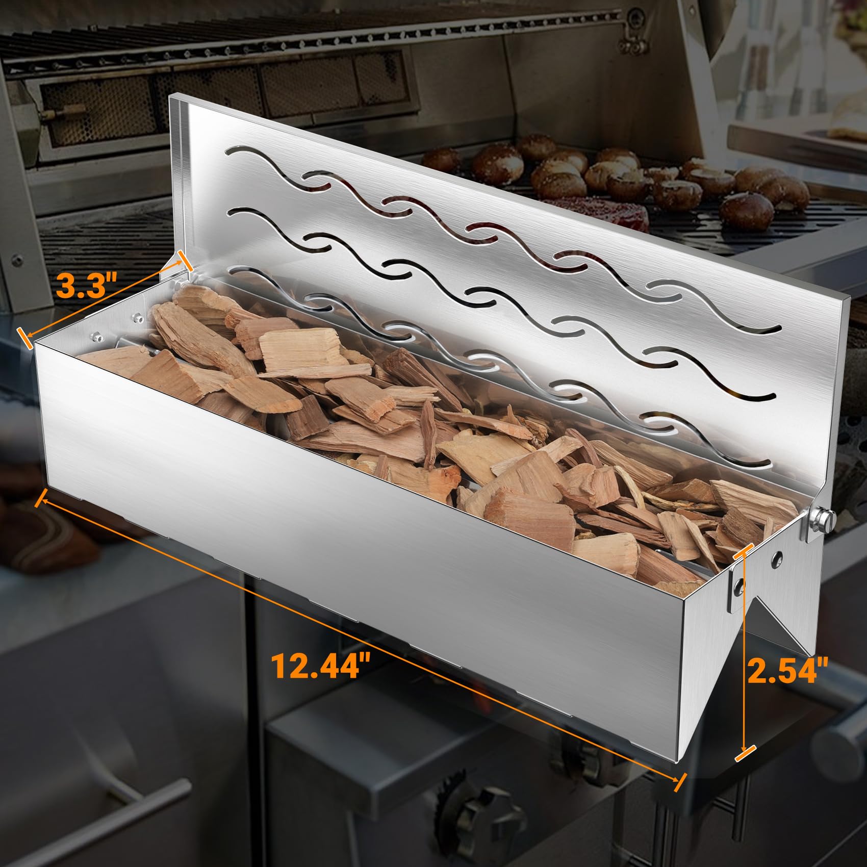 Skyflame Caja para ahumar virutas de madera con salida de humo ondulada para parrilla de carbón y gas propano, 12.5 pulgadas de largo x 3.3 pulgadas de ancho x 2.5 pulgadas de alto, patente de diseño