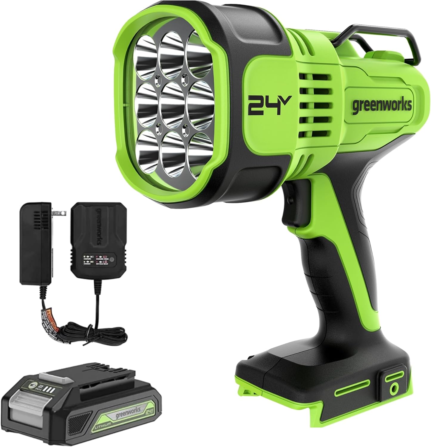 Greenworks 24V LED Handheld Spotlight with 765 Yard Distance, Cordless 3000 Lumen Work Light with 2Ah Battery and Charger Greenworks 24V LED Handheld Spotlight with 765 Yard Distance, Cordless 3000 Lumen Work Light with 2Ah Battery and Charger