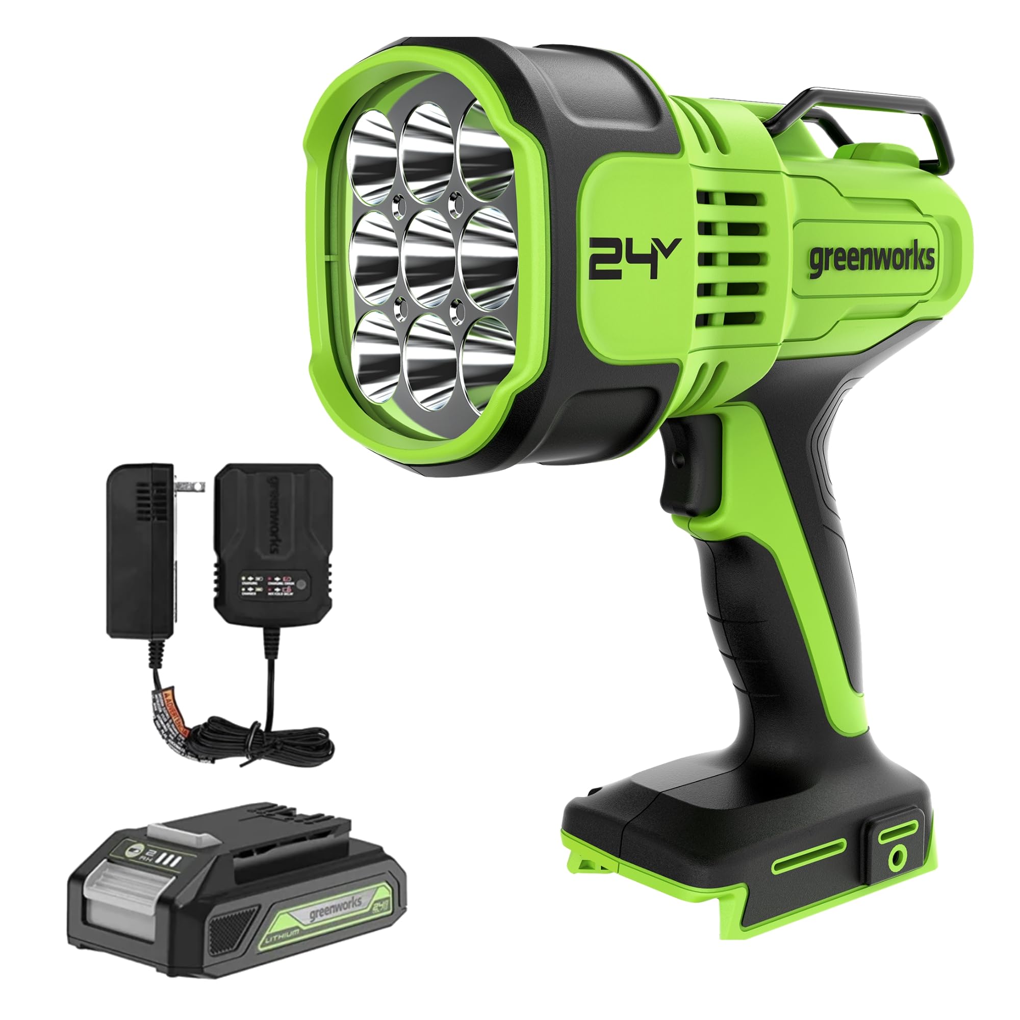 Greenworks Faro a LED da 24 V con portata di 765 yard, luce di lavoro wireless da 3000 lumen con batteria da 2 Ah e caricatore