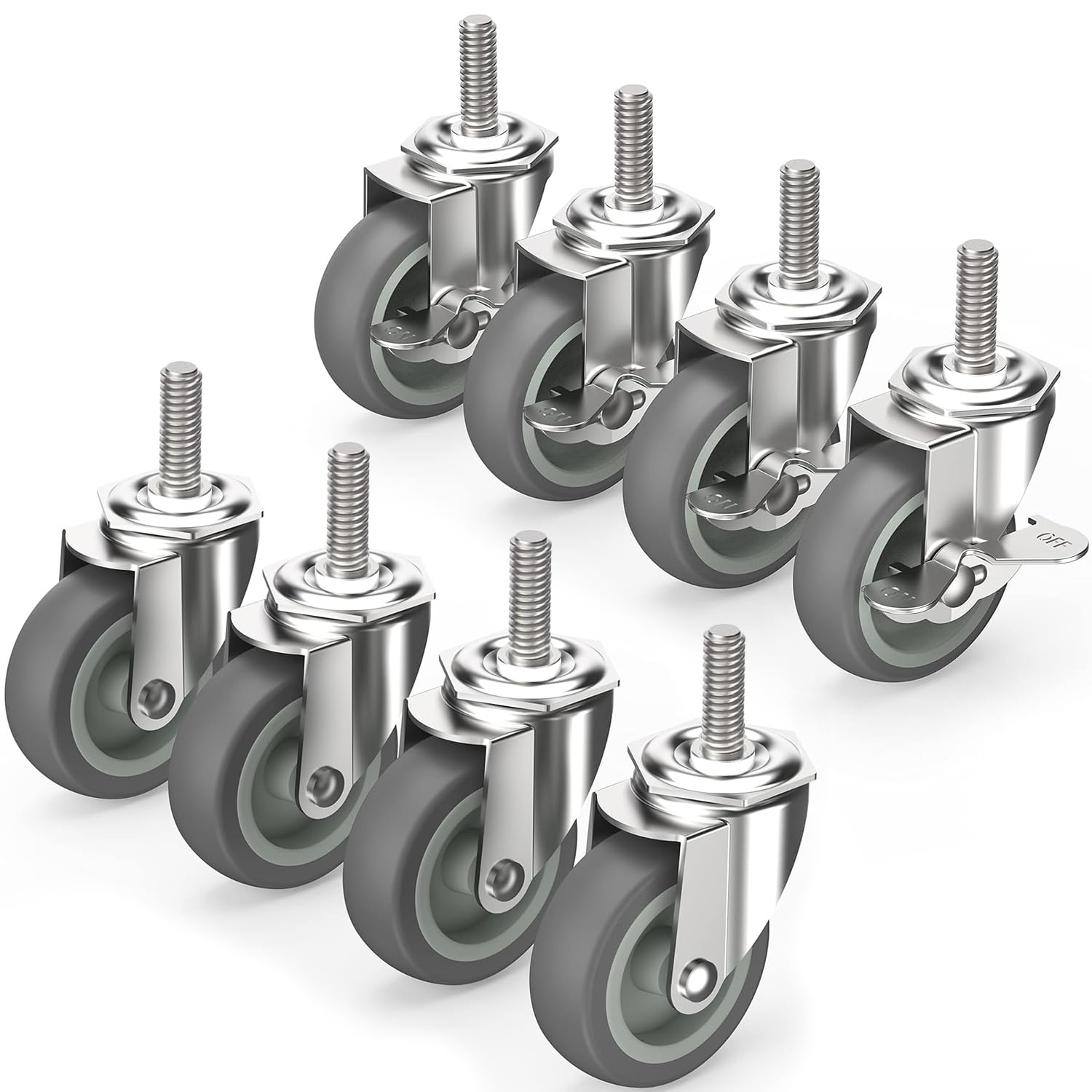 HOLKIE Caster Wheels 3 inch Locking Stem Casters (Pack of 4) and Caster Wheels 3 inch Stem Casters Wheels with No Brake (Pack of 4) Set, Size 3/8"" -16 x 1-1/2"" Gray
