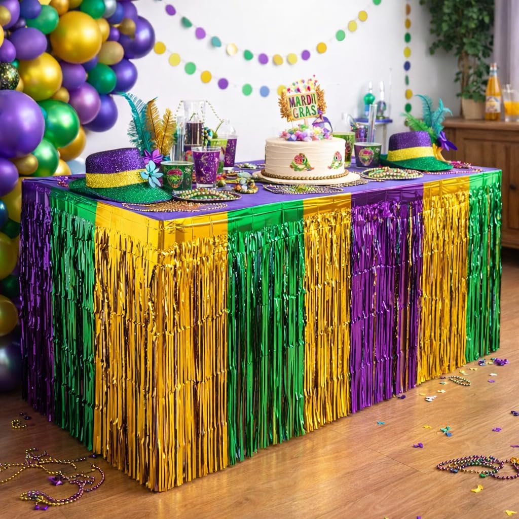 Giftexpress 2-pk Mardi Gras Metallic Fringe Table Skirts, Mardi Gras Party Table Skirt, Mardi Gras Table Decoration