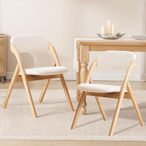 Miniatura 2 de Paquete de 4 sillas plegables con cojín, sillas plegables acolchadas de lino, sillas de comedor plegables de madera cruda, para comedores, bodas,