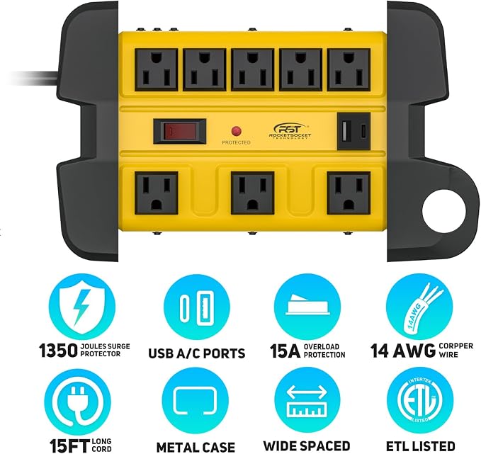 Protector eléctrico CRST Multitoma 8 Salidas con Puerto USB-C y Cable de 15 pies, Metal, 15A con Interruptor y Protección contra Sobrecarga miniatura 2