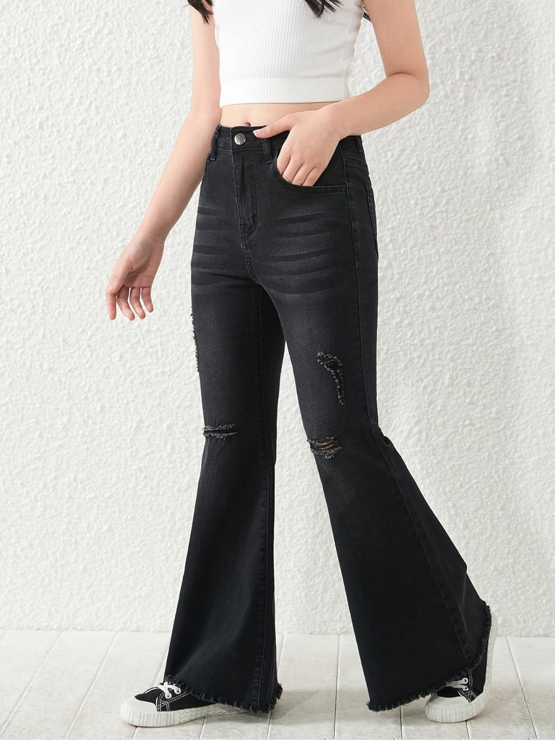 SHENHE Girl's High Waisted Flare Leg Jeans Split Raw Hem Denim Pants with Pockets - Image 5