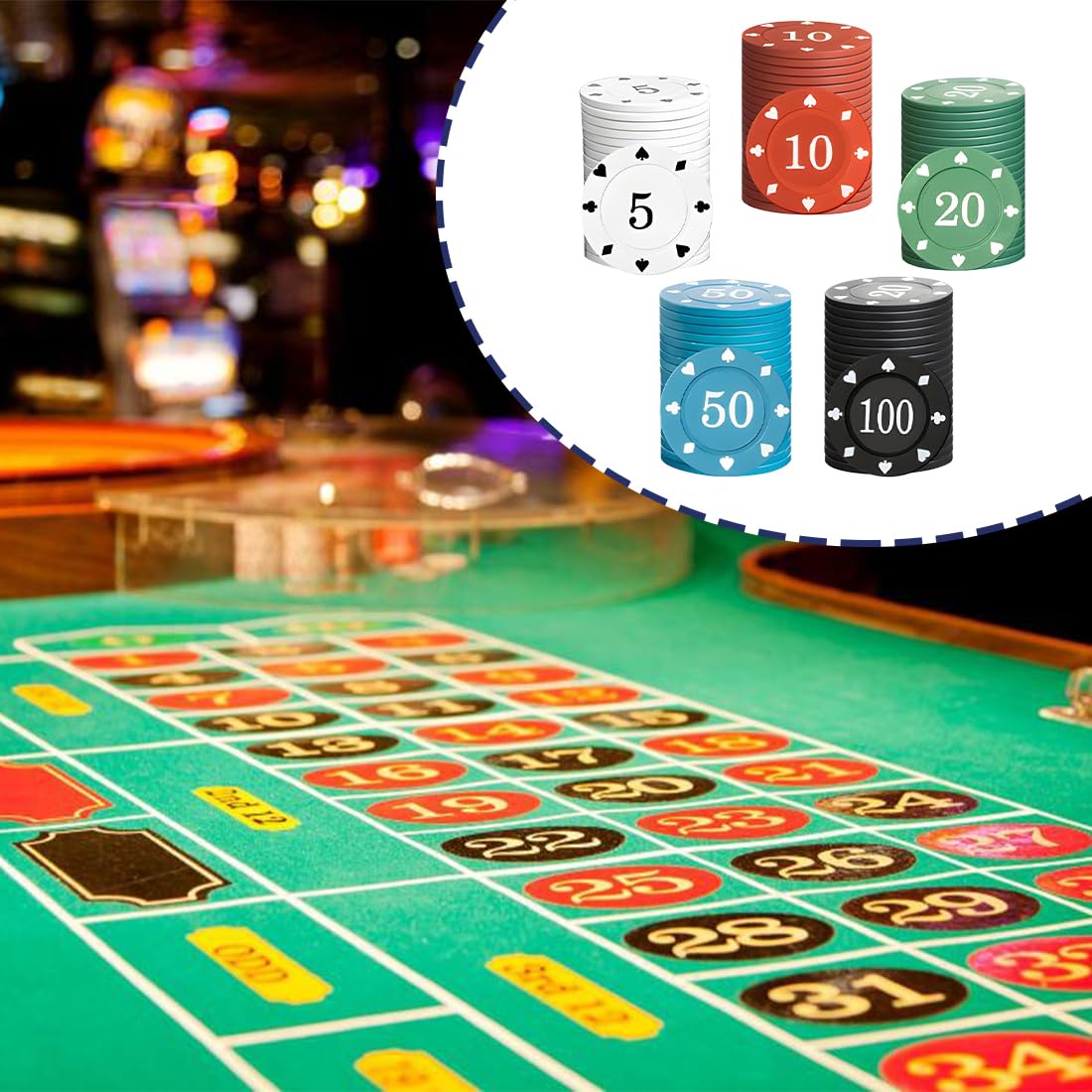 NJCXOLA Chip da Poker in plastica 100 Chip da Poker Set,Chip di Stile del Casinò Stampato denominazione per Le Notti di Gioco in casa del Texas, Notti di Poker
