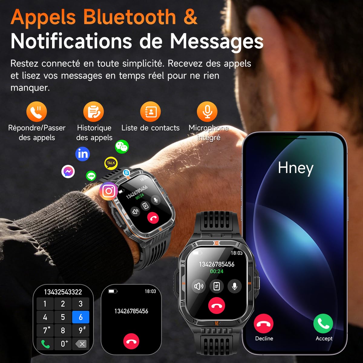 Montre Connectée Homme Militaire, 2.01" HD Grand Écran avec 1100 mAh Batterie/LED Lampe,Smartwatch avec 150 Modes Sportifs/Fréquence Cardiaque/SpO2/Sommeil Monitor, IP68 Étanche pour Android iOS