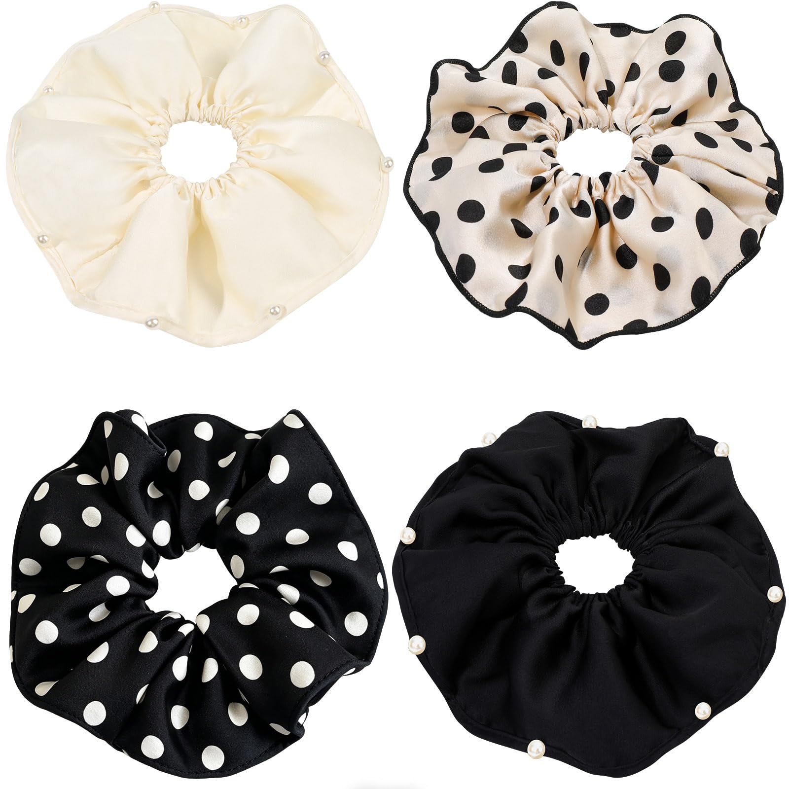 VOBOBE 4PCS Oversized Satin Scrunchies with Pearl and Polka Dot for Girls