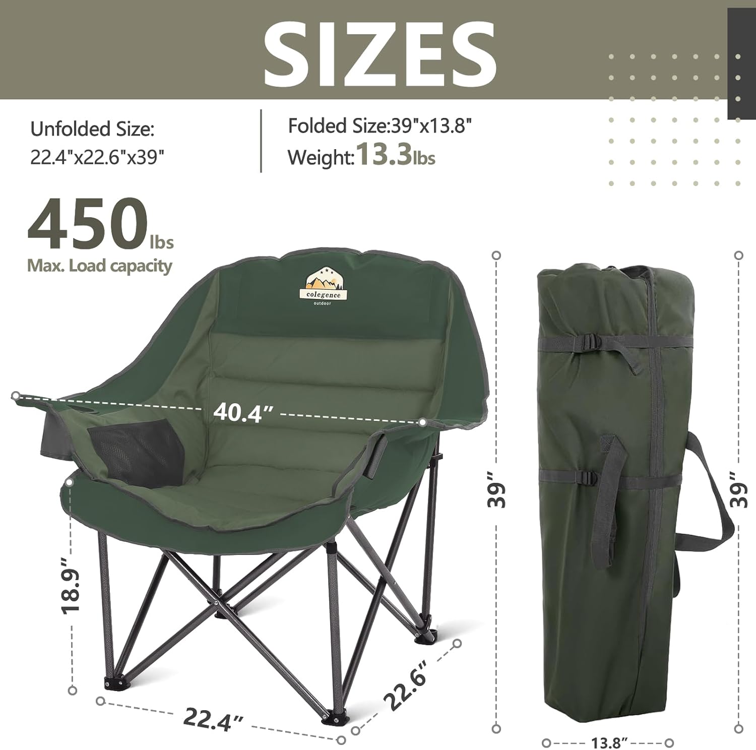 Colegence Oversized XL Padded Camping Chair Set of 2 Wide Heavy Duty Lawn Chairs Support 450 LBS Portable Folding Gaint Plus Camp Chair for Outdoor Outside Sports Baseball Soccer-Green