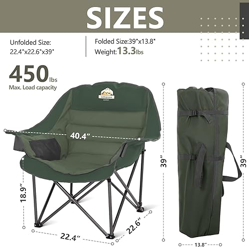 Miniatura 3 de Silla de campamento acolchada XL de gran tamaño, sillas de césped anchas y resistentes, soporta 450 libras, silla de campamento plegable portátil