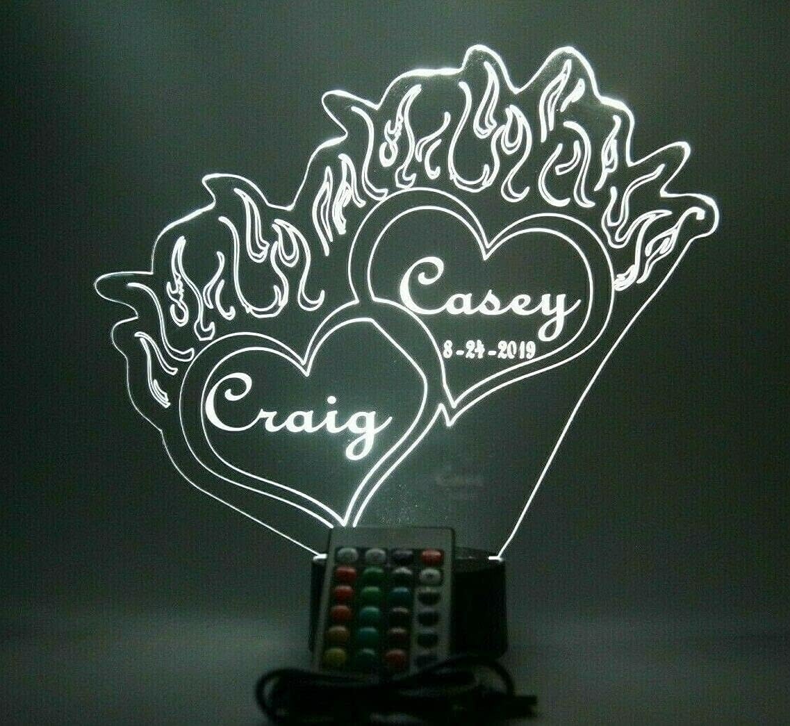 MIRROR MANIA Double Hearts with Flames Night Light Up Desk Table Lamp LED Personalized Couples Love On Fire Centerpiece Home Decor - It's Wow, with Remote, 16 Colors, Free Engraved, Great Gift