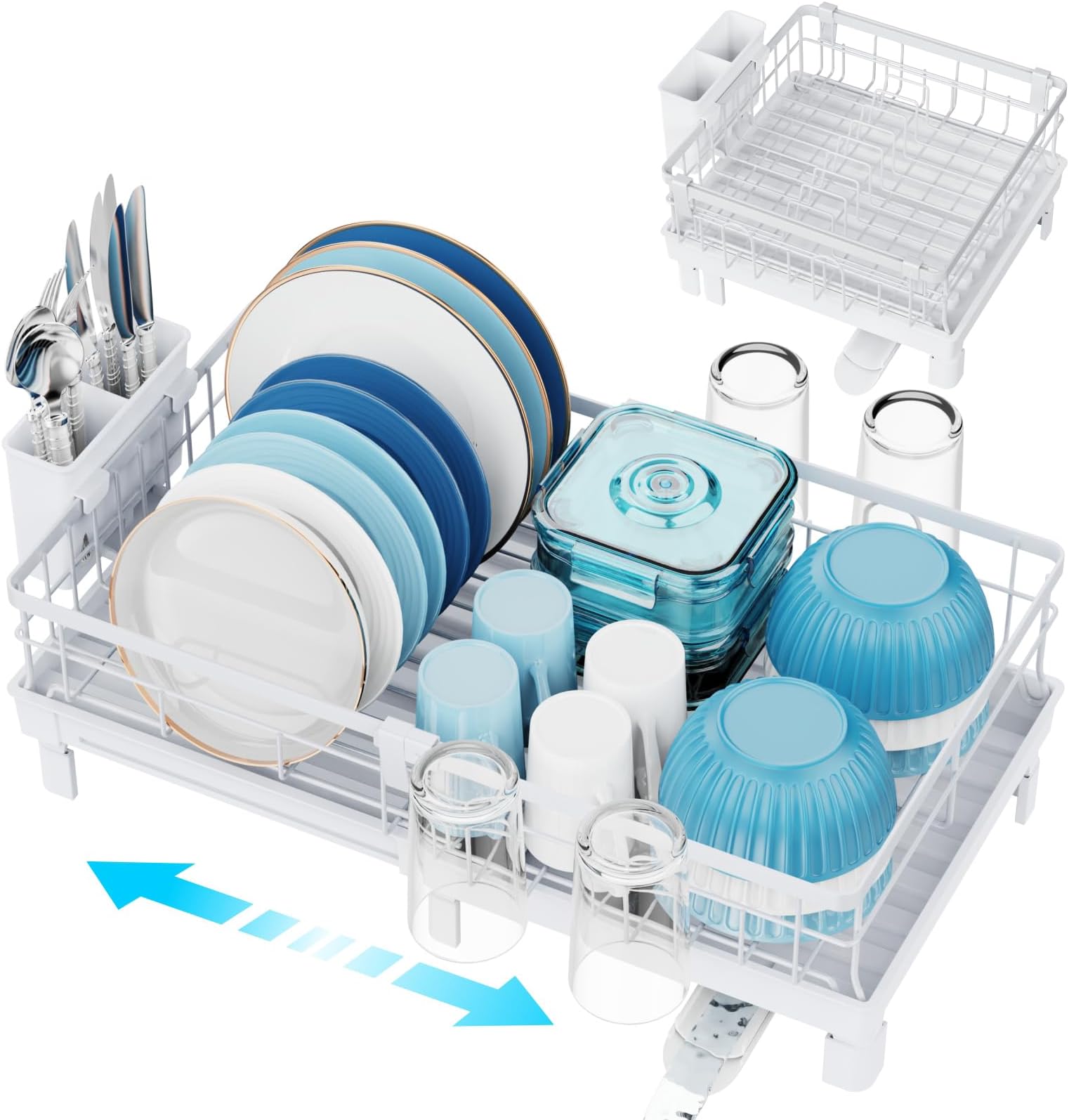 Expandable Dish Drying Rack for Kitchen Counter, 12-20.5 Inch Compact Dish Rack with Drainboard, Swivel Spout, Cup & Utensil Holder, Rust-Resistant Dish Drainer for Small Kitchen, RV, White