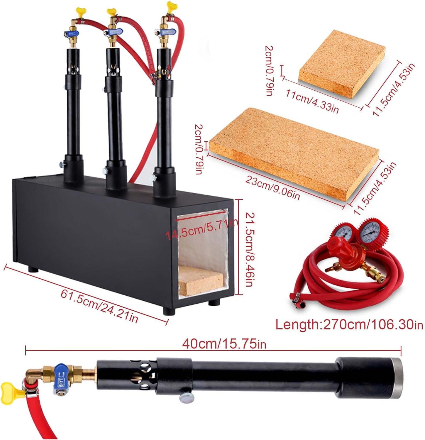 DZQ Propane Forge, Triple Burner Heavy Duty Kiln for Professional Blacksmithing, Large-Scale Metalworking, Tool Making, Heat Treatment, with Refractory Cement and Fire Brick