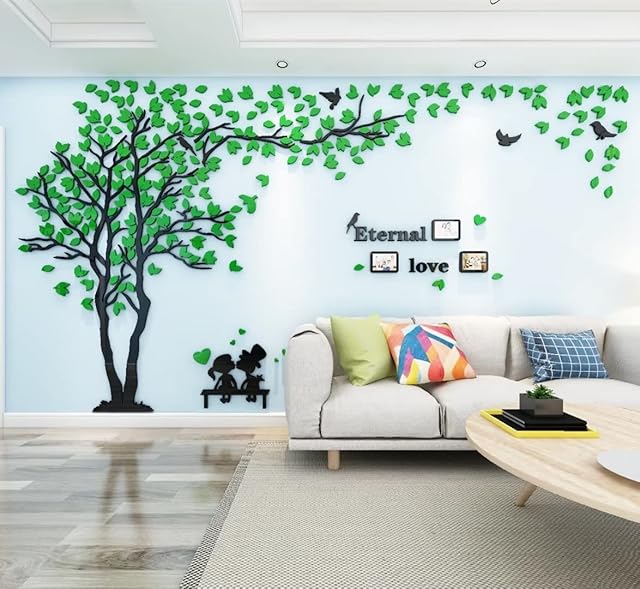 3D Tree Wall Stickers DIY Tree Bird Wall Decal Large Family Photo Frames Art Murals Tree Sticker for Living Room Bedroom Kindergarten Nursery Restaurant Home Decor(Green Left,M:130 * 250cm)