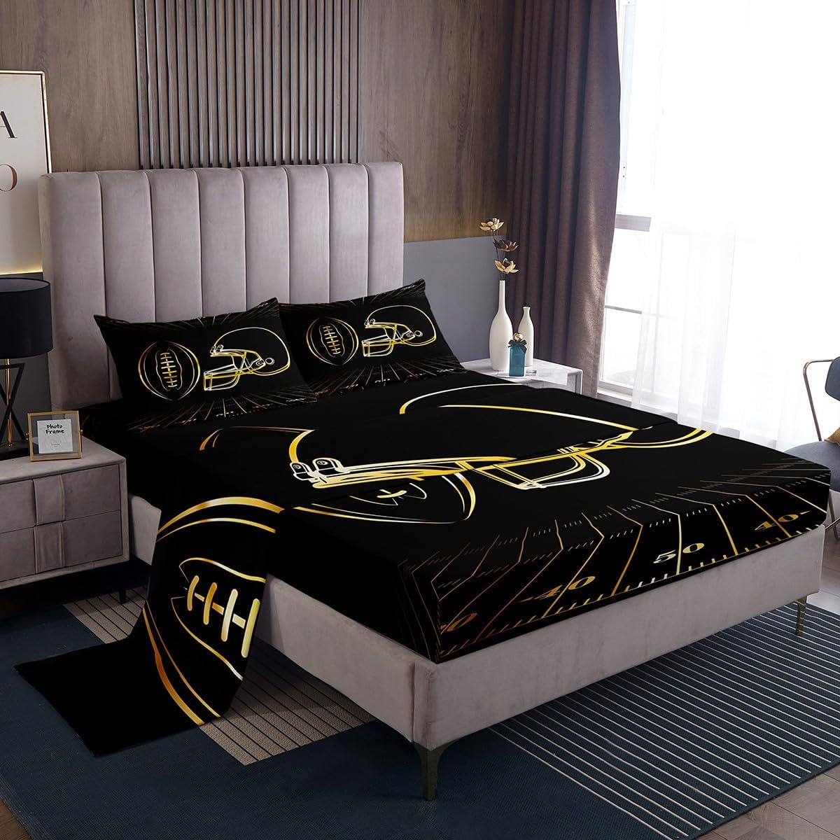 Feelyou Football Bed Set 3D Sports Sheet Set for Boys Girls Men American Football Rugby Bed Sheets Black Gold Decor Sheets Room 4Pcs Queen Size Multi 47 Queen