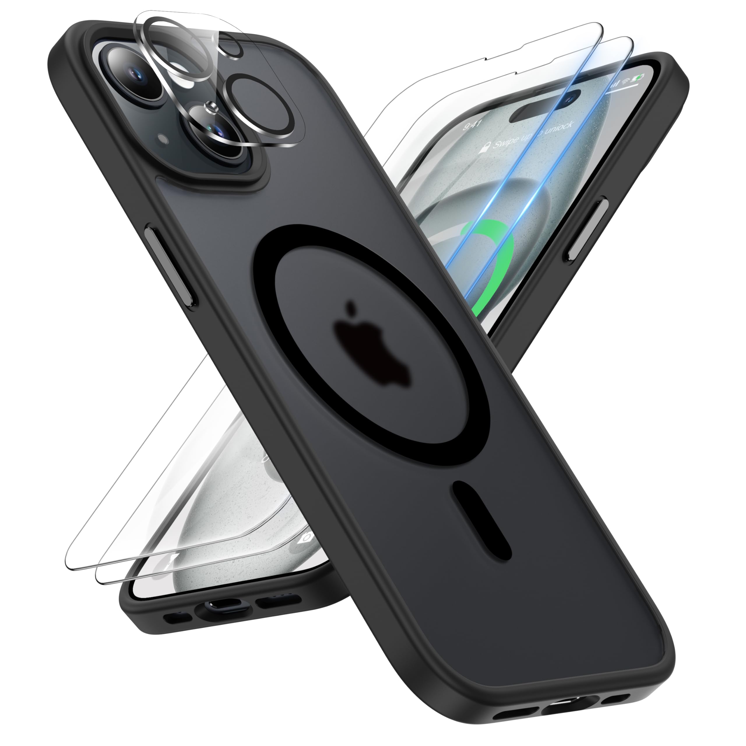 ORETECH Magnetica Cover per iPhone 15 Plus Custodia iPhone 15 Plus con 2 Pezzi Pellicola Protettiva in Vetro Temperato & 1 Pezzi Pellicola Fotocamera Antiurto Ultra Sottile Hard PC Cover-Nero