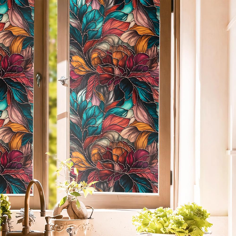 16“x118 Watercolor Colorful Stained Glass Floral Double Side Window Films Art Decorative Privacy Tinting Film Self-Adhesive Static Glass Window Clings