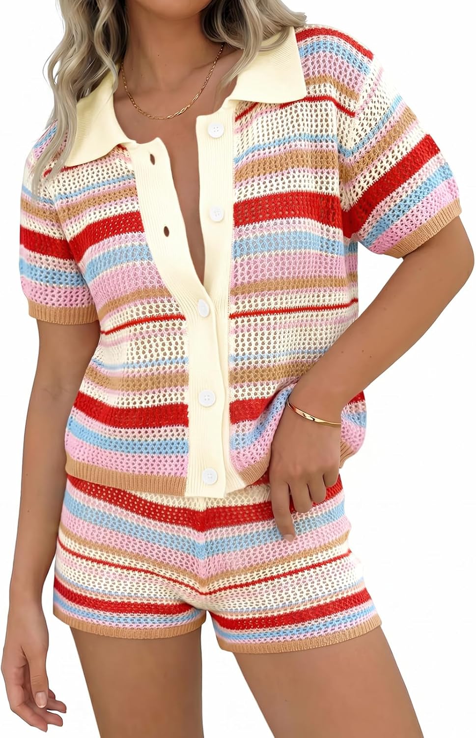 Tankaneo Womens 2 Piece Sweater Shorts Sets Knit Color Block Summer Outfits Short Sleeve Tops Cover Up Cute Matching Set