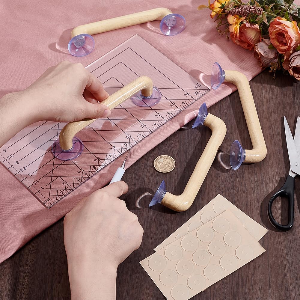 NBEADS 1 Set Wooden Quilting Ruler Grips with Suction Cups, 6.5 Inch Sewing Ruler Handles with 30 Anti-Slip Adhesive Pads for Quilting Patchwork Cutting Tools