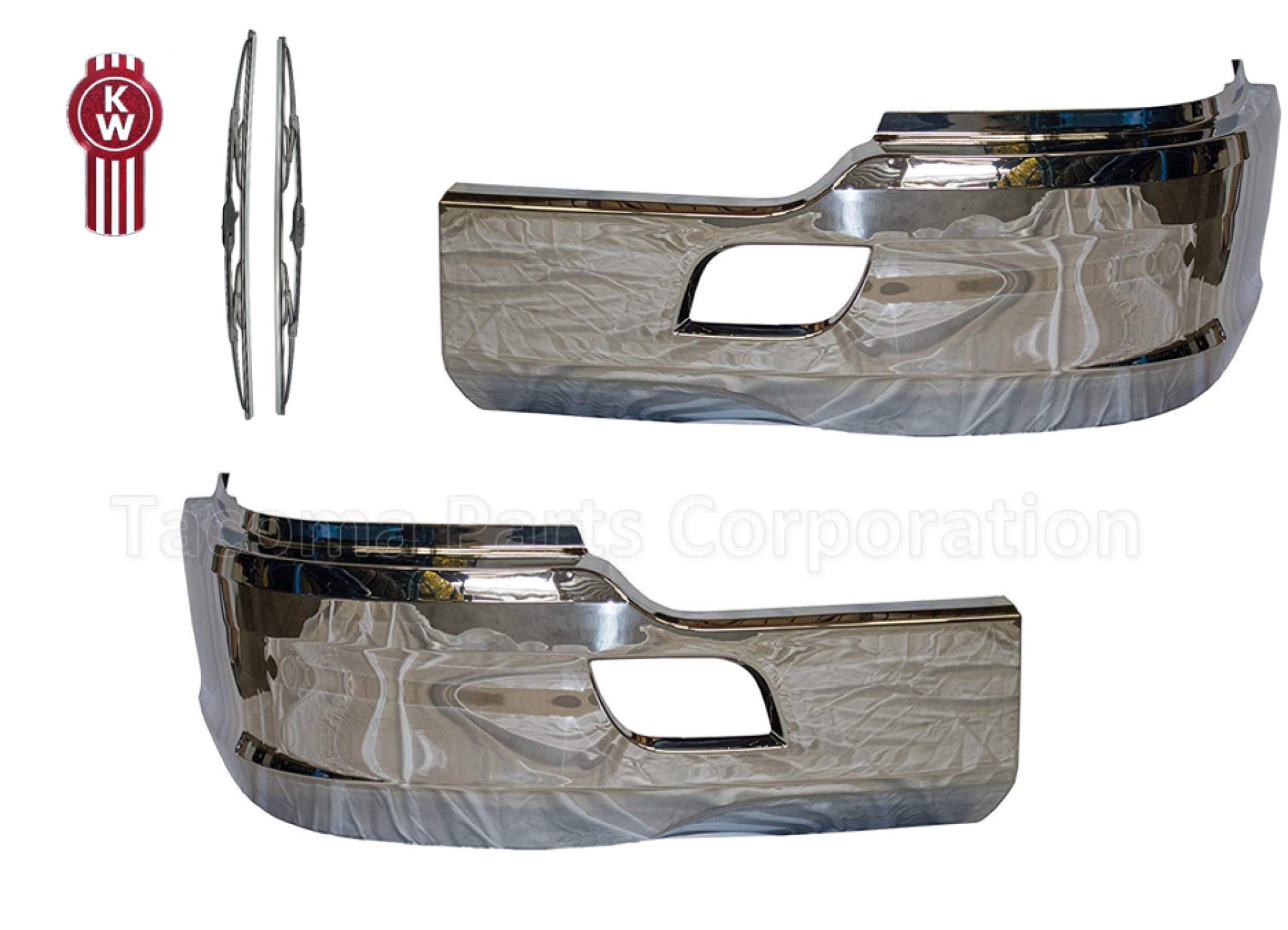 KOZAK Bumper Steel Chrome Extension Corners Set (Driver Left & Passenger Right Side) with Brackets compatible with Kenworth T680 PLUS 2x 22" Windshield wipers, Logo, License Plate Frame and KOZAK Vest
