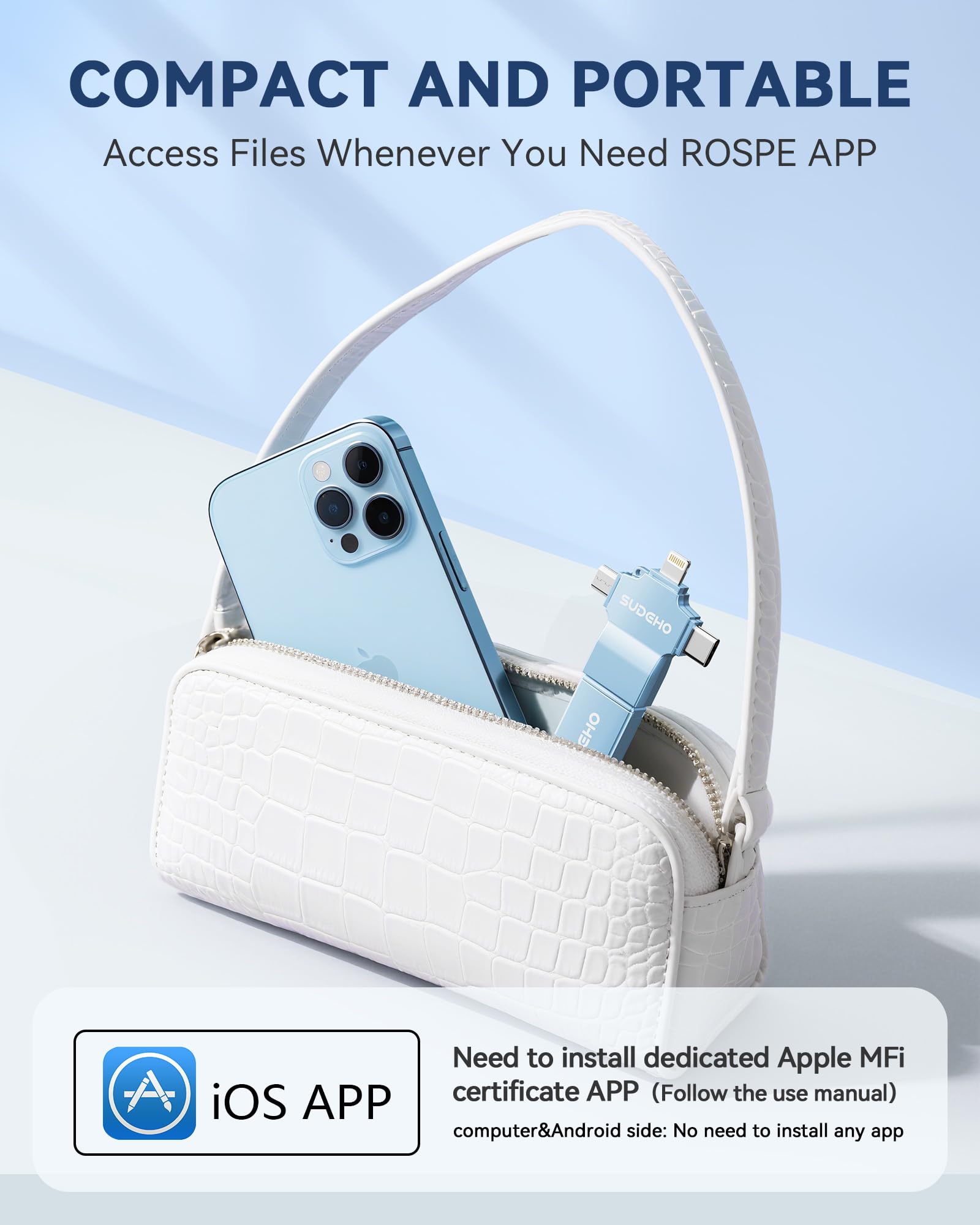 Chiavetta USB 3.0 da 128 GB certificata MFi per iPhone, chiavetta USB 4 in 1 per backup di immagini e video, ad alta velocità, per iPhone/iPad/Android/PC (celeste)