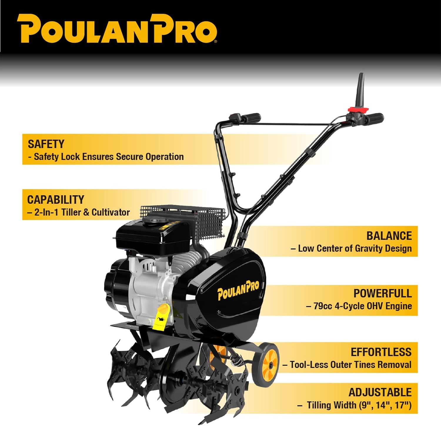 Poulan Pro Gas Tiller 2-in-1 Front Tine Tiller Cultivator for Gardening, 79 cc 4-Cycle Gas Engine, 9''-17'' Tilling Width Adjustable, Forged Steel Tines, Integrated Transport Wheels, Model: PPFT17