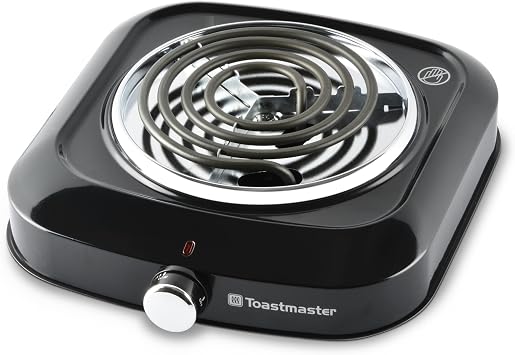 Toastmaster Single Burner with Coil Top & Chrome Knob - Single Tabletop Burner with Drip Shield & Non-Skid Feet - Electric Countertop Burner with Variable Heat Control
