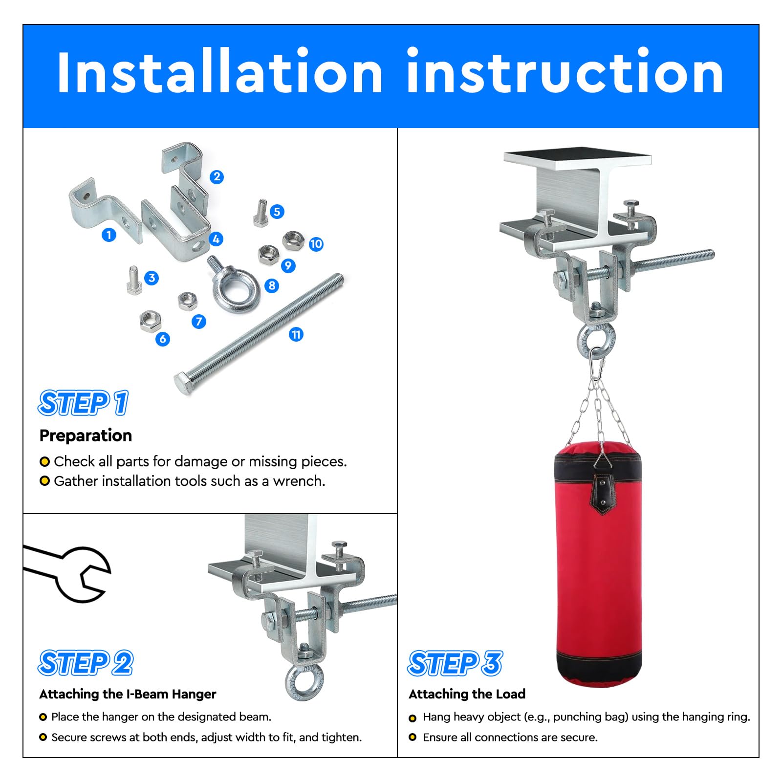 Colgador de Acero para Vigas I-Beam para Sacos de Boxeo Ajustable 63-220 mm 204 kg