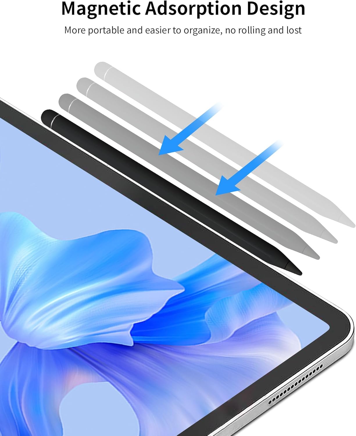 Stylus magnetically attached to the side of an iPad.