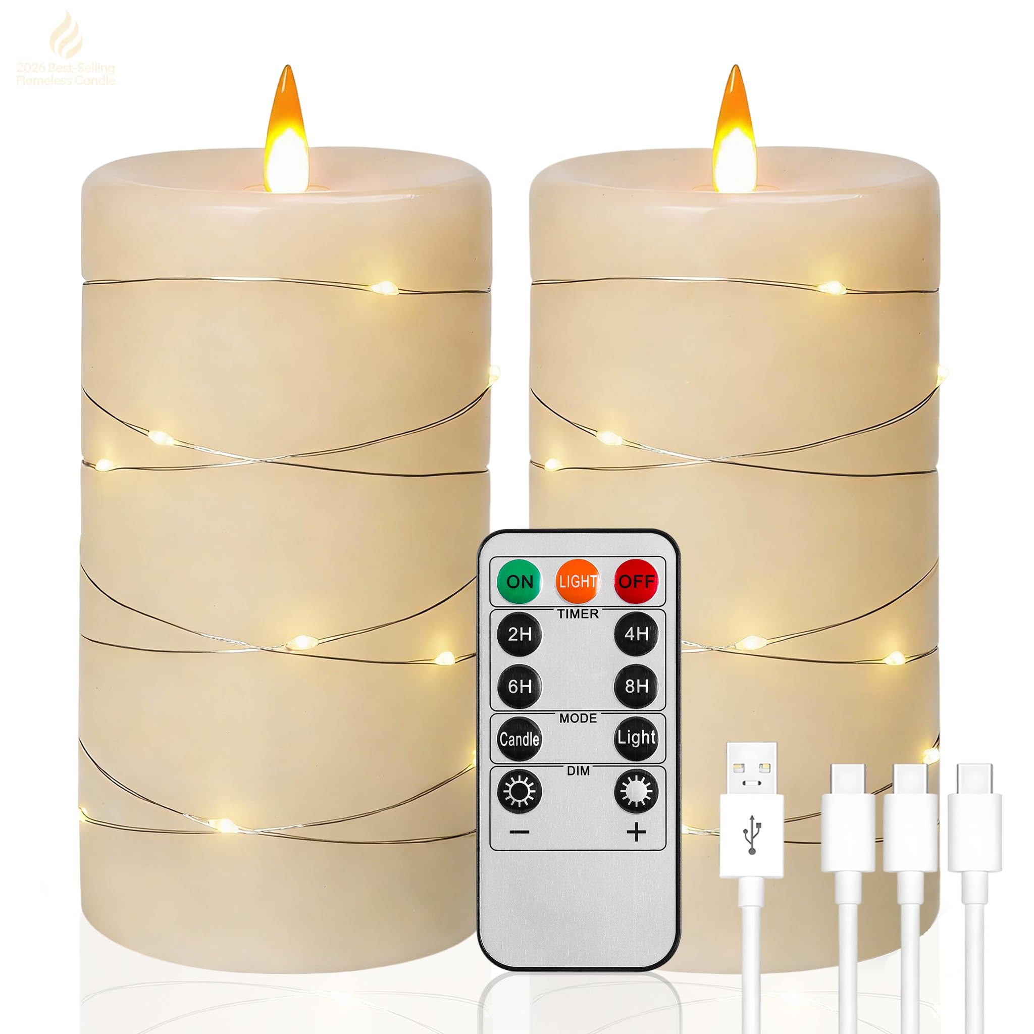 Rechargeable Flameless Candles, LED Candles, Candles with Remote and Timers, Real Wax Pillar Candles, with Flickering Embedded Star String，Ivory White