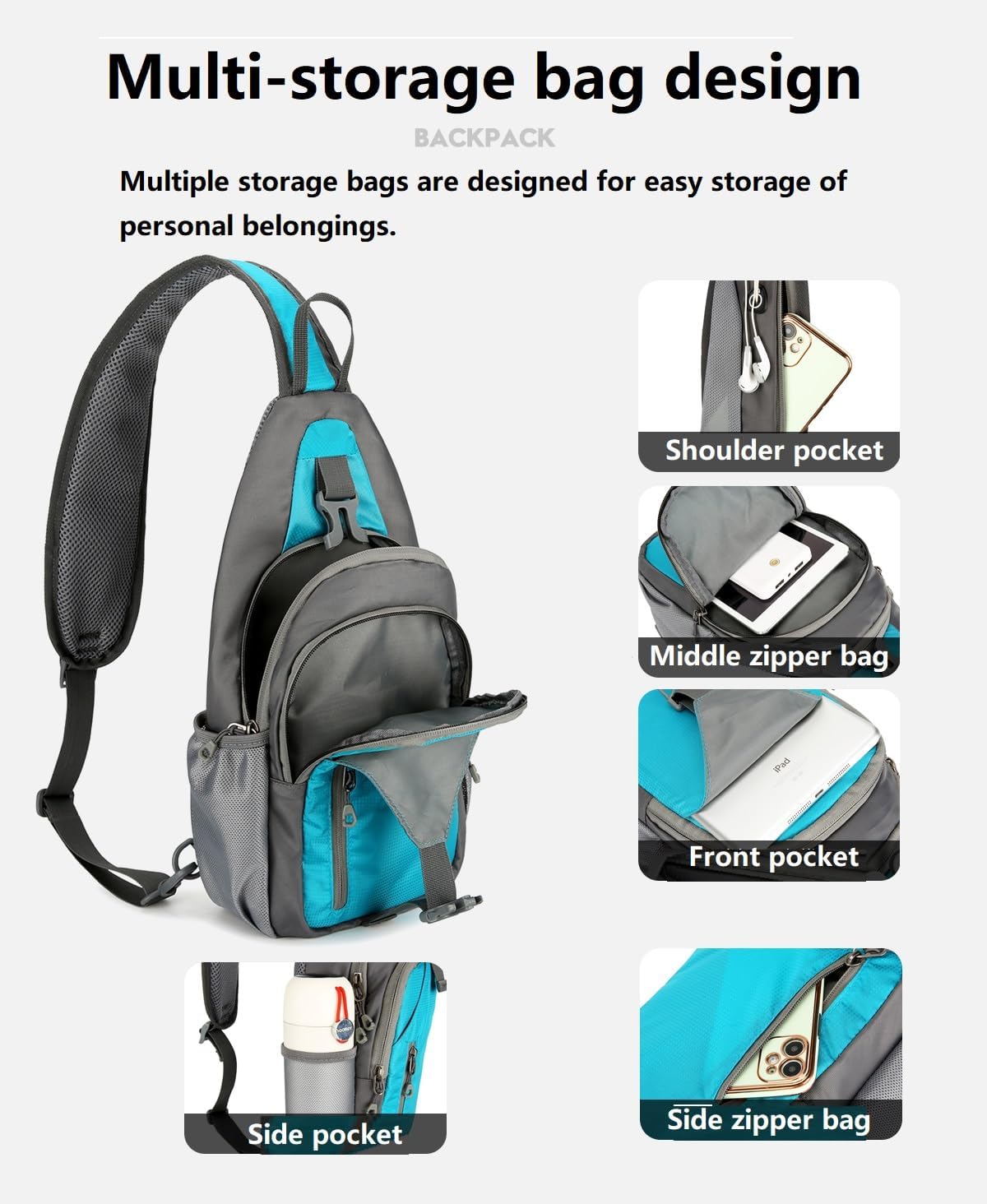 Small Crossbody Sling Backpack Hiking Daypack Lightweight Casual Shoulder Chest Bag Multiple Pockets Outdoor Travel - Image 2